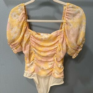 Lush Yellow & Pink Floral Ruched Puff-Sleeve Bodysuit
